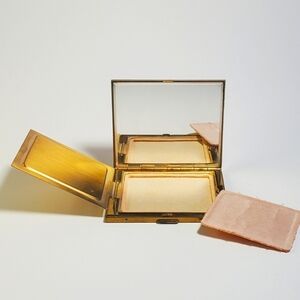 Vintage Powder Compact Inlaid Mother of Pearl, Abalone Gold Tone Meltal EUC